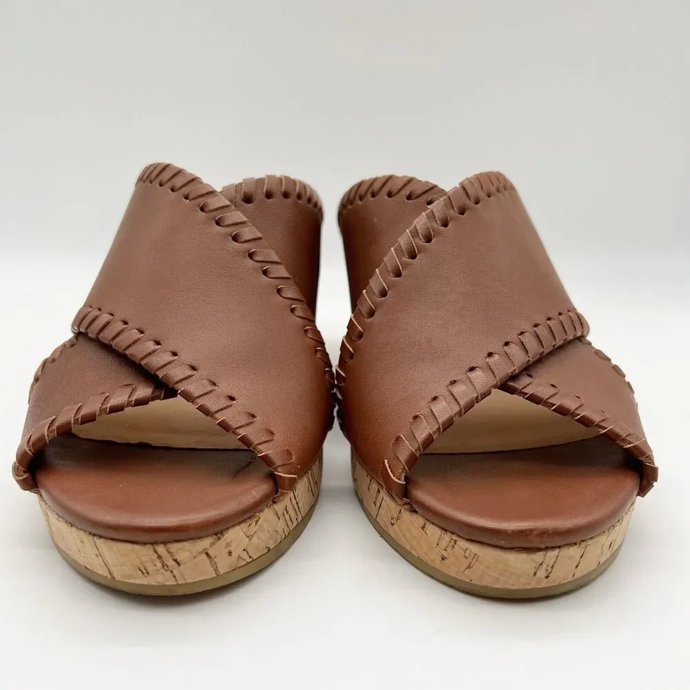 JACK ROGERS Sloane Criss Cross Mocha Leather Cork Wedge Sandals Women’s 6.5